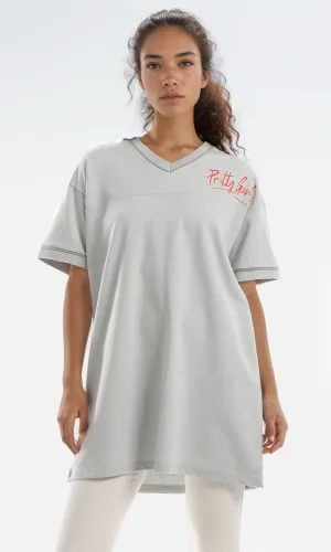 97774 Slip On Loose Fit Printed T-Shirt - Light Grey