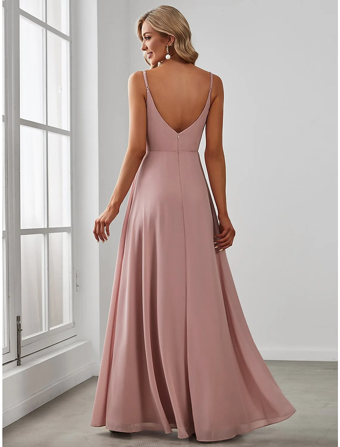 A-Line Bridesmaid Dress V Neck Sleeveless Elegant Floor Length Chiffon with Draping  Solid Color