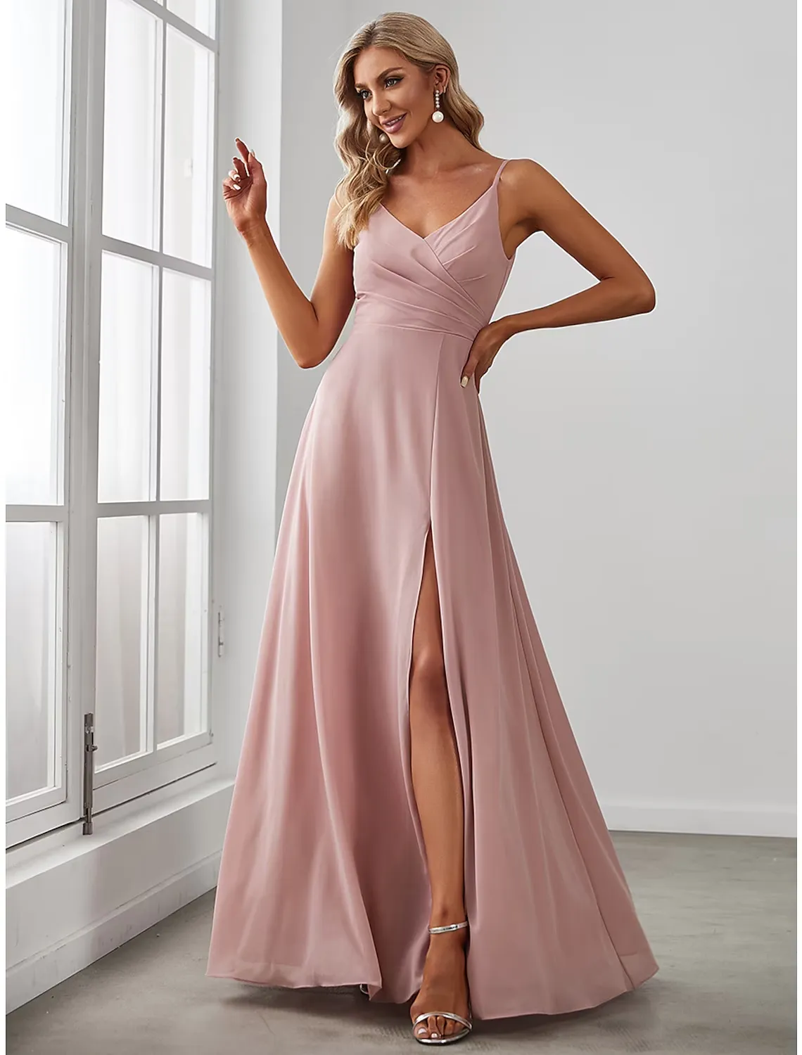 A-Line Bridesmaid Dress V Neck Sleeveless Elegant Floor Length Chiffon with Draping  Solid Color