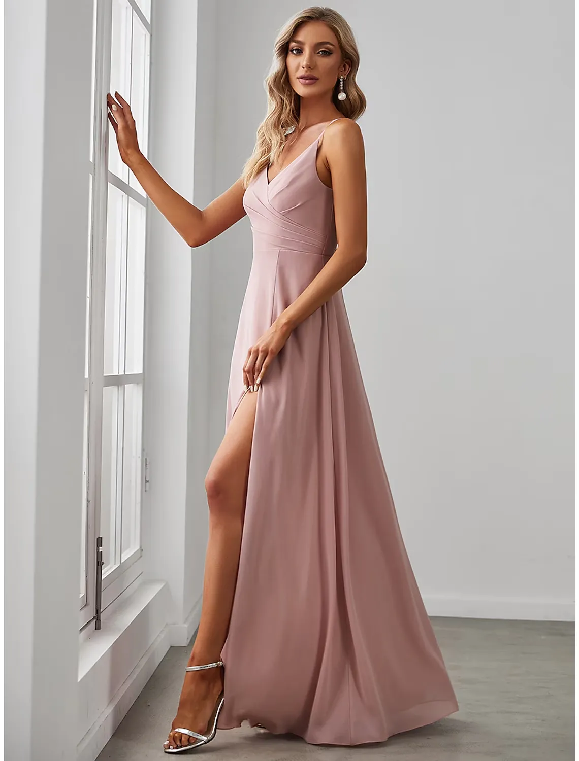 A-Line Bridesmaid Dress V Neck Sleeveless Elegant Floor Length Chiffon with Draping  Solid Color
