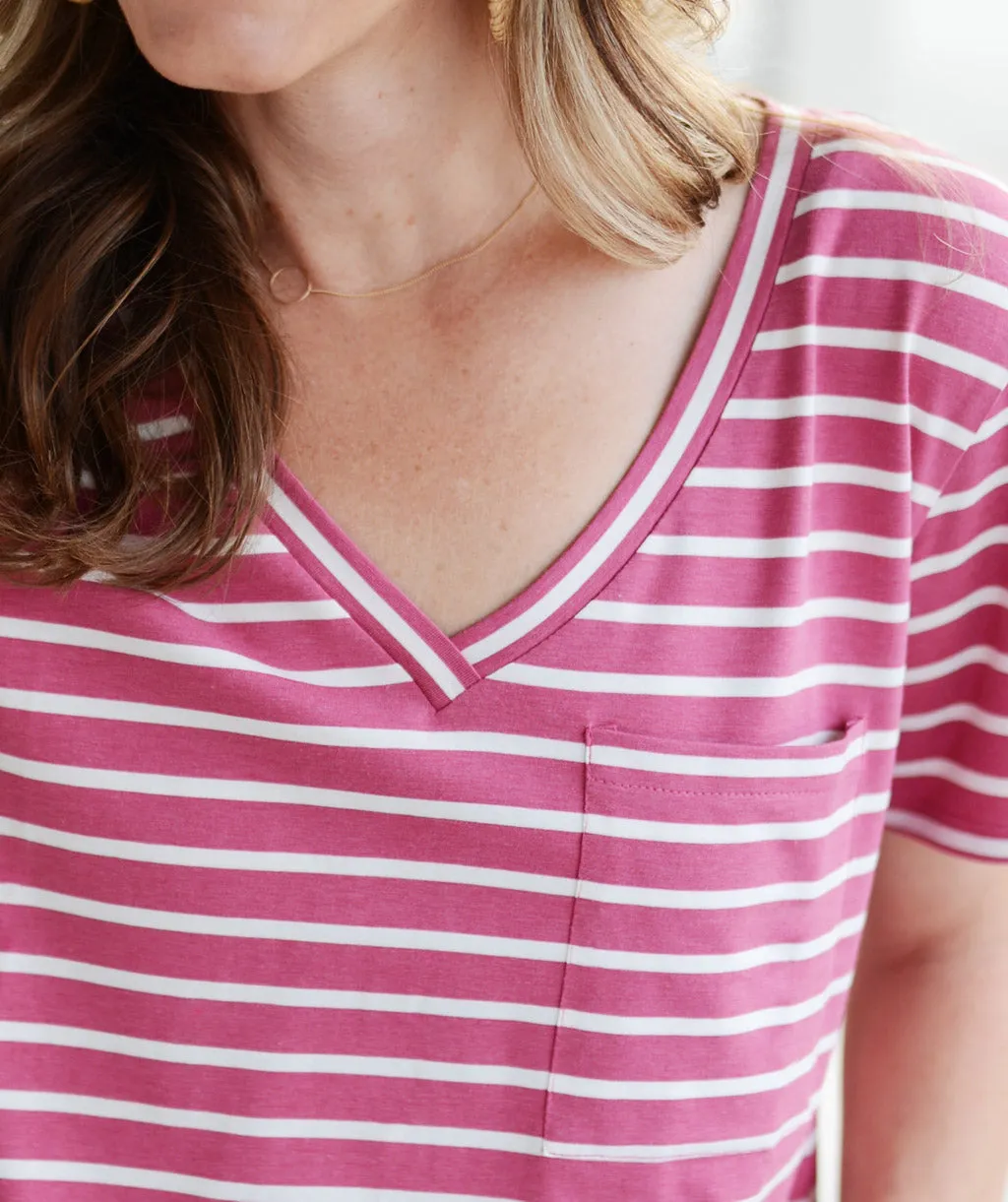 BENITA v-neck stripe tee in Raspberry