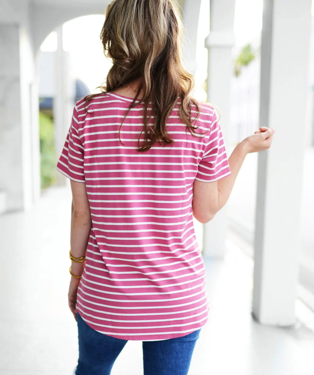 BENITA v-neck stripe tee in Raspberry