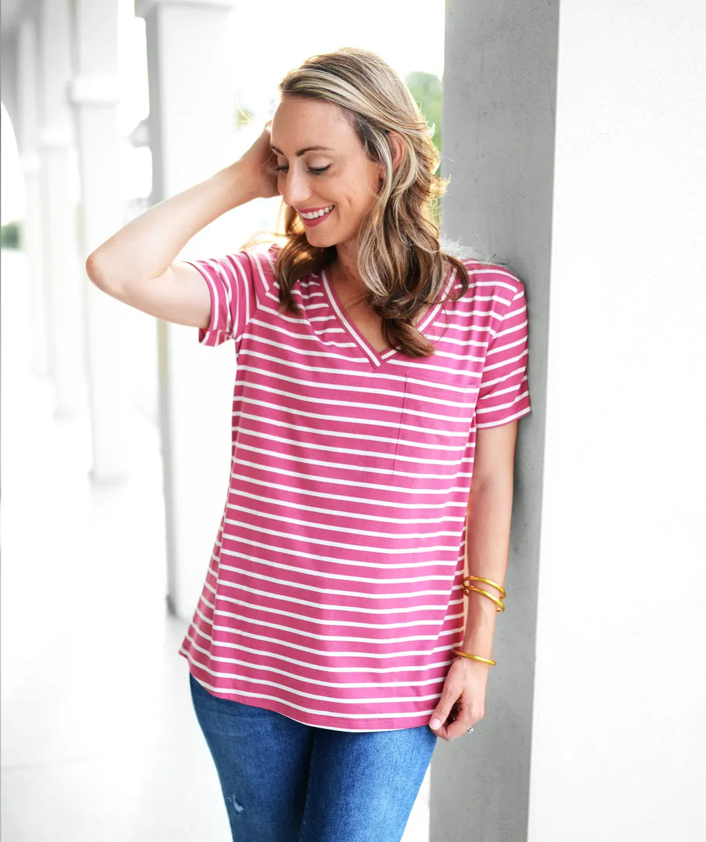 BENITA v-neck stripe tee in Raspberry