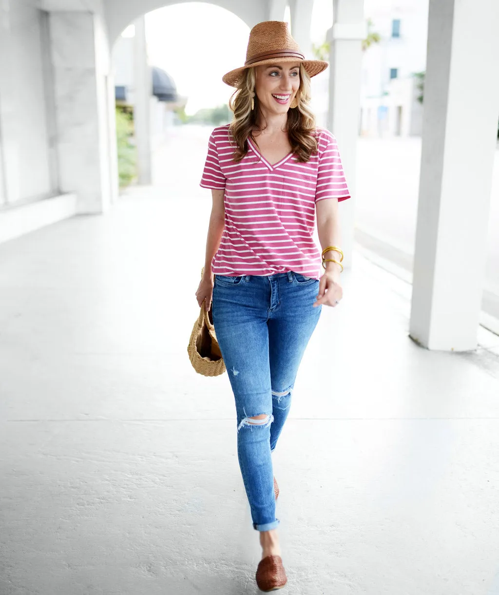 BENITA v-neck stripe tee in Raspberry