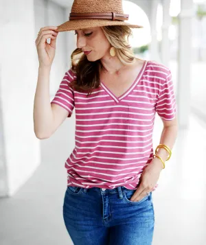 BENITA v-neck stripe tee in Raspberry