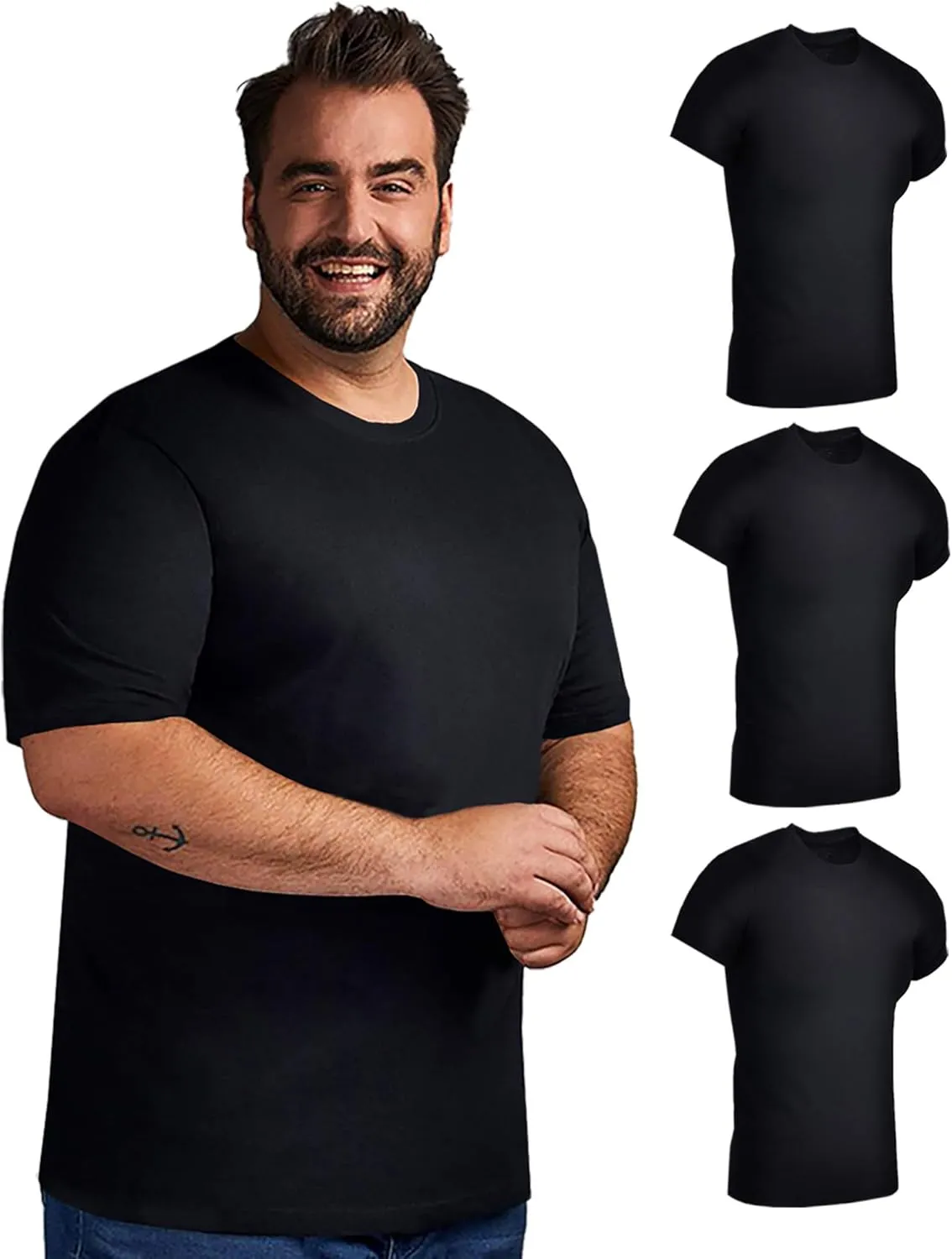 BILLIONHATS 3 Pack Mens Cotton Short Sleeve Lightweight T-Shirts, Bulk Crew Tees for Guys, Black Colors Bulk Pack