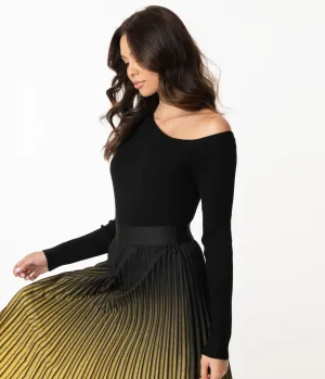 Black Asymmetrical Neckline Knit Sweater