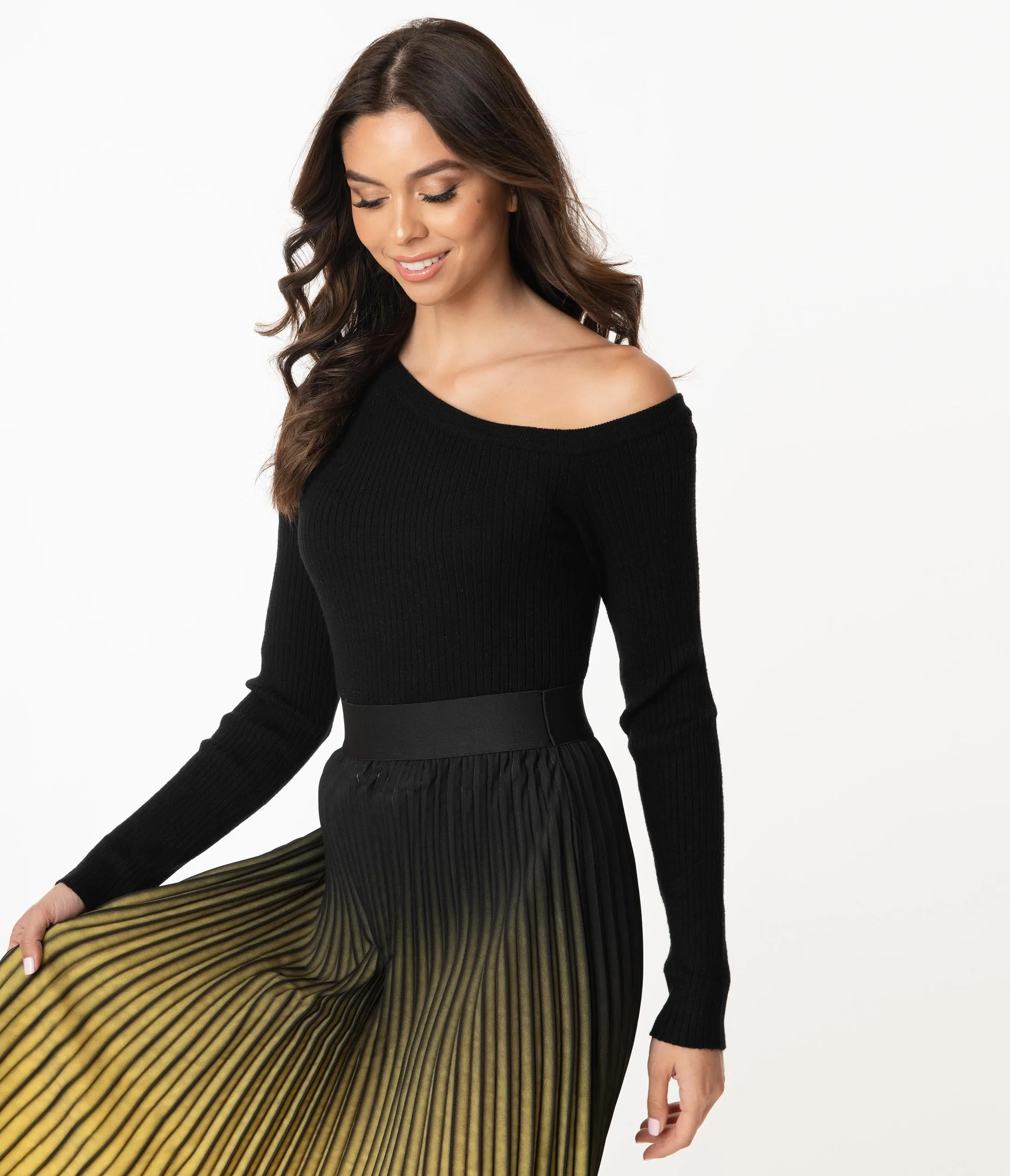 Black Asymmetrical Neckline Knit Sweater