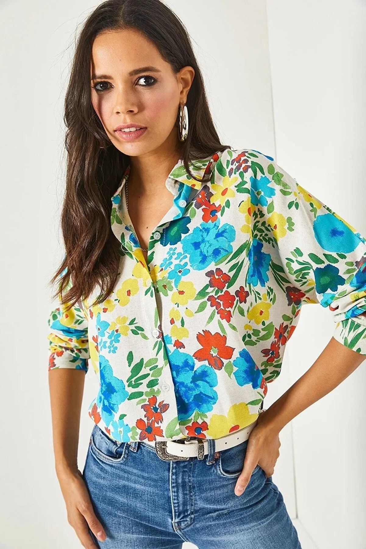 Blue Floral Print Linen Blend Button Down Blouse