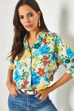 Blue Floral Print Linen Blend Button Down Blouse