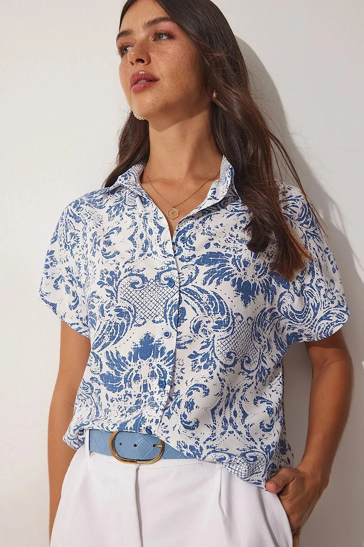 Blue Floral Short Sleeve Button-Up Shirt
