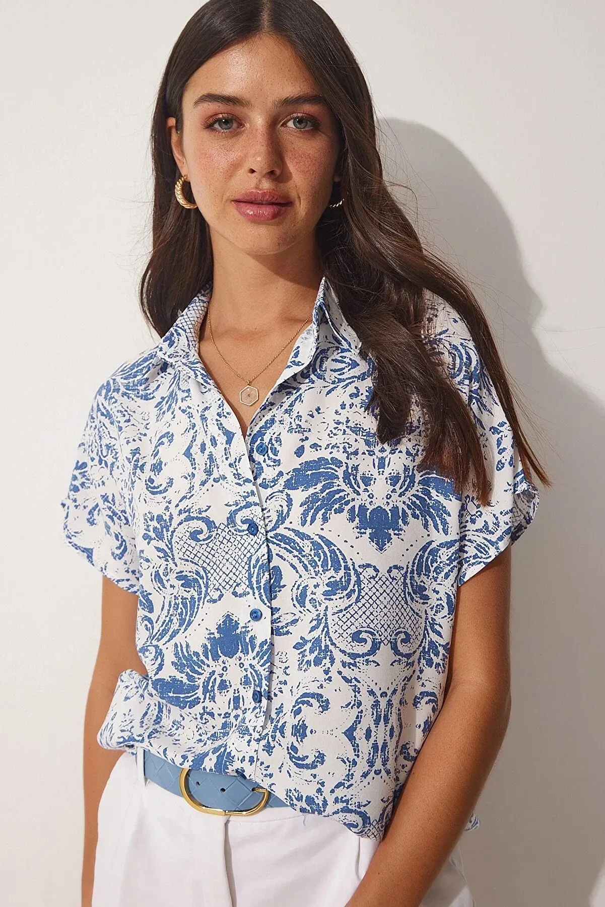 Blue Floral Short Sleeve Button-Up Shirt