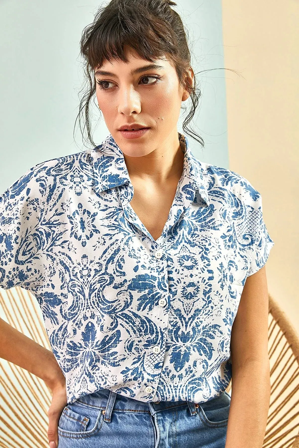 Blue Floral Short Sleeve Button-Up Shirt