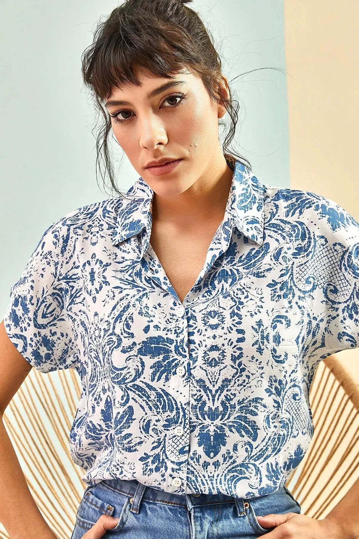 Blue Floral Short Sleeve Button-Up Shirt