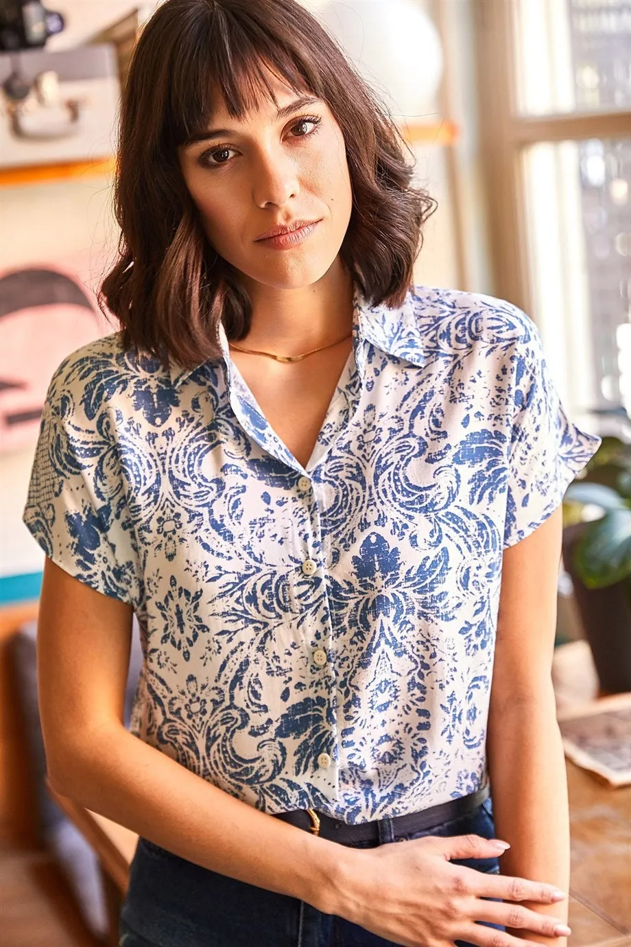 Blue Floral Short Sleeve Button-Up Shirt