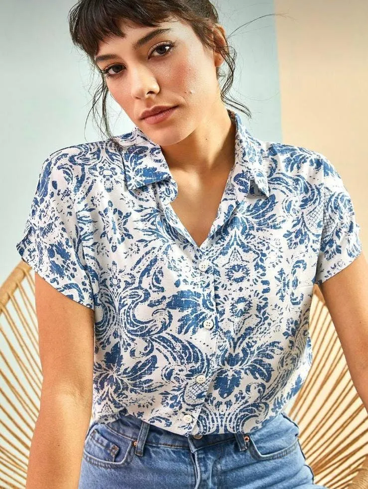 Blue Floral Short Sleeve Button-Up Shirt