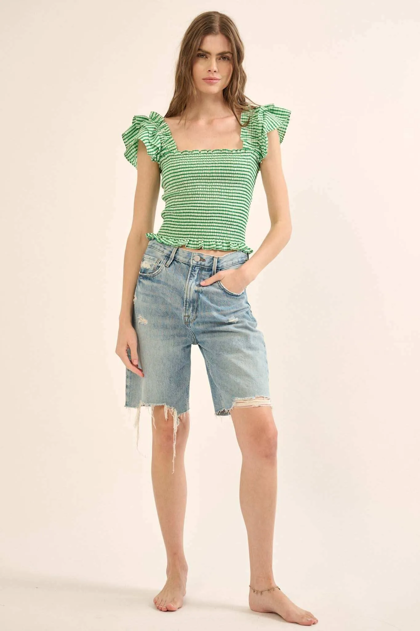 Candy Land Smocked Gingham Ruffled Peasant Top