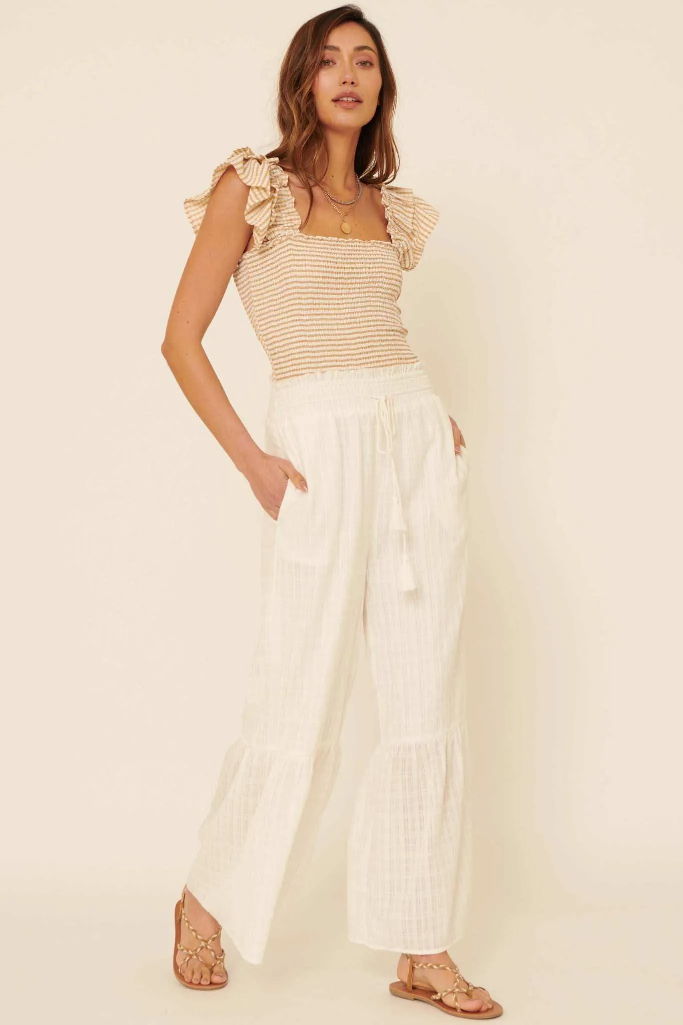 Candy Land Smocked Gingham Ruffled Peasant Top