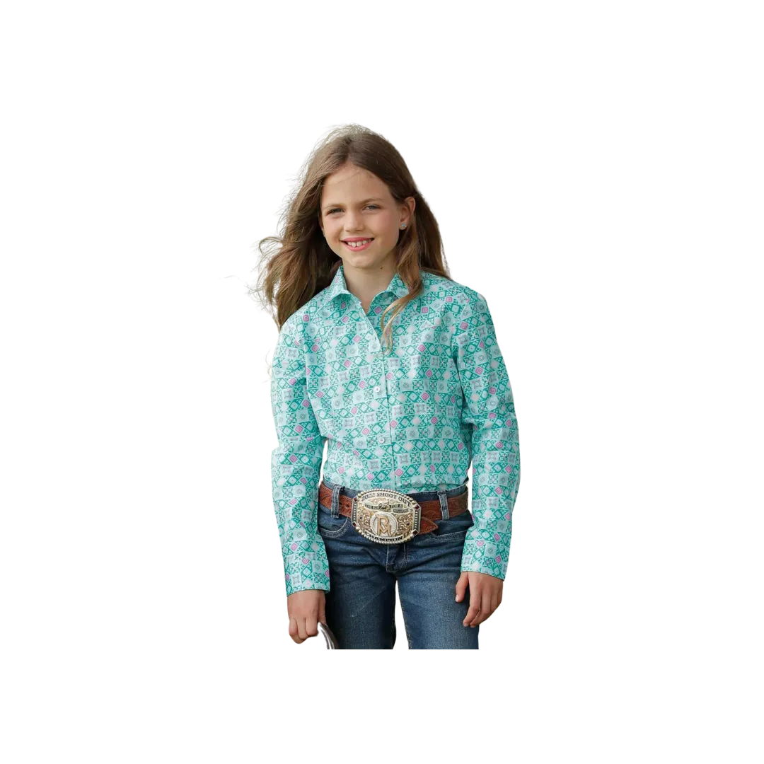 Cruel Girl's Kid's Long Sleeve Geo Print Turquiose & Pink Shirt
