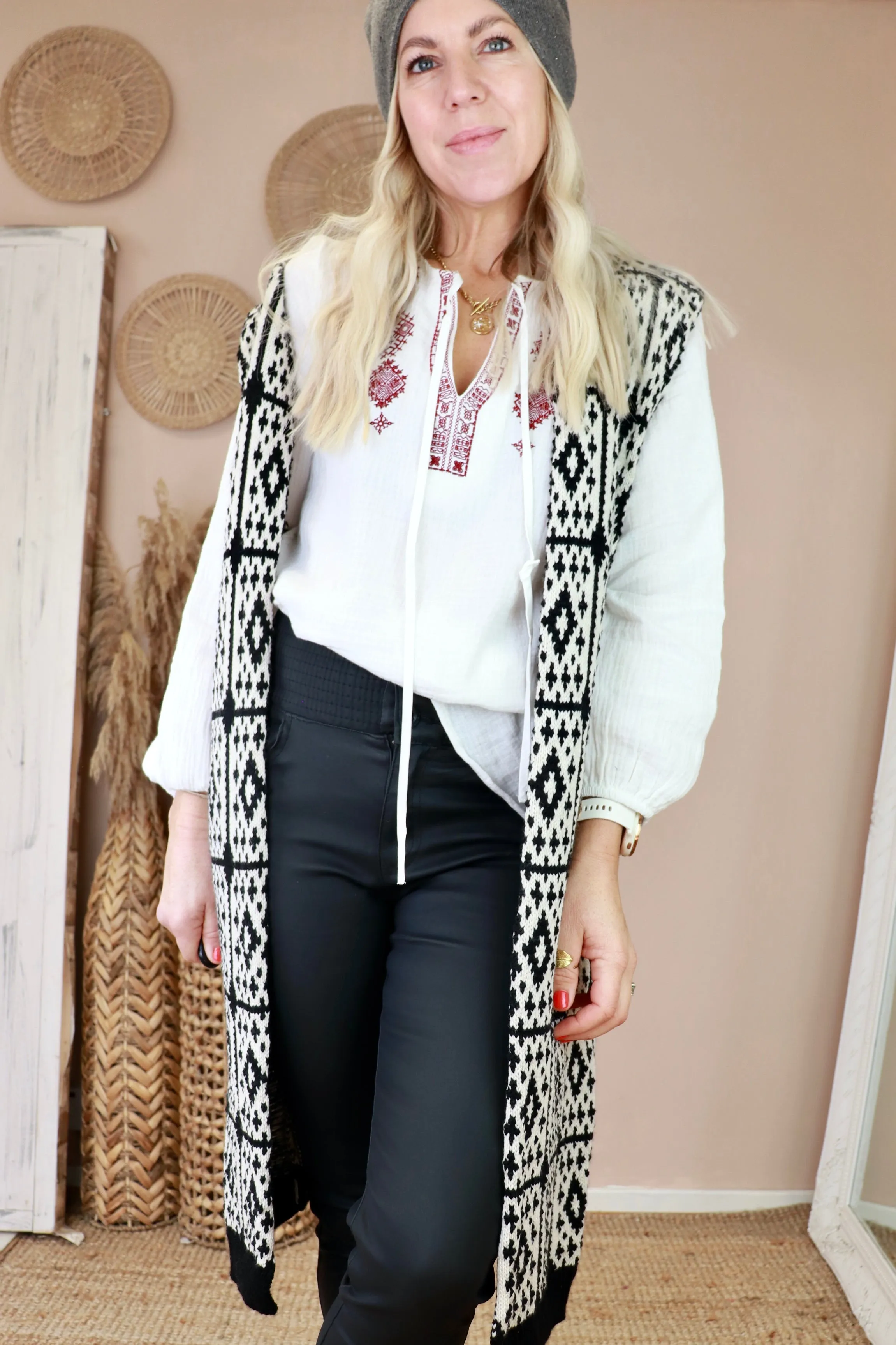 Diamond embroidered peasant blouse