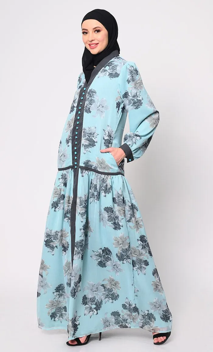 Elegant Blue Chiffon Printed Abaya with Bishop Sleeves and Pockets