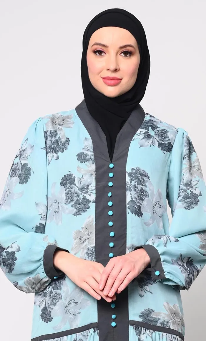 Elegant Blue Chiffon Printed Abaya with Bishop Sleeves and Pockets