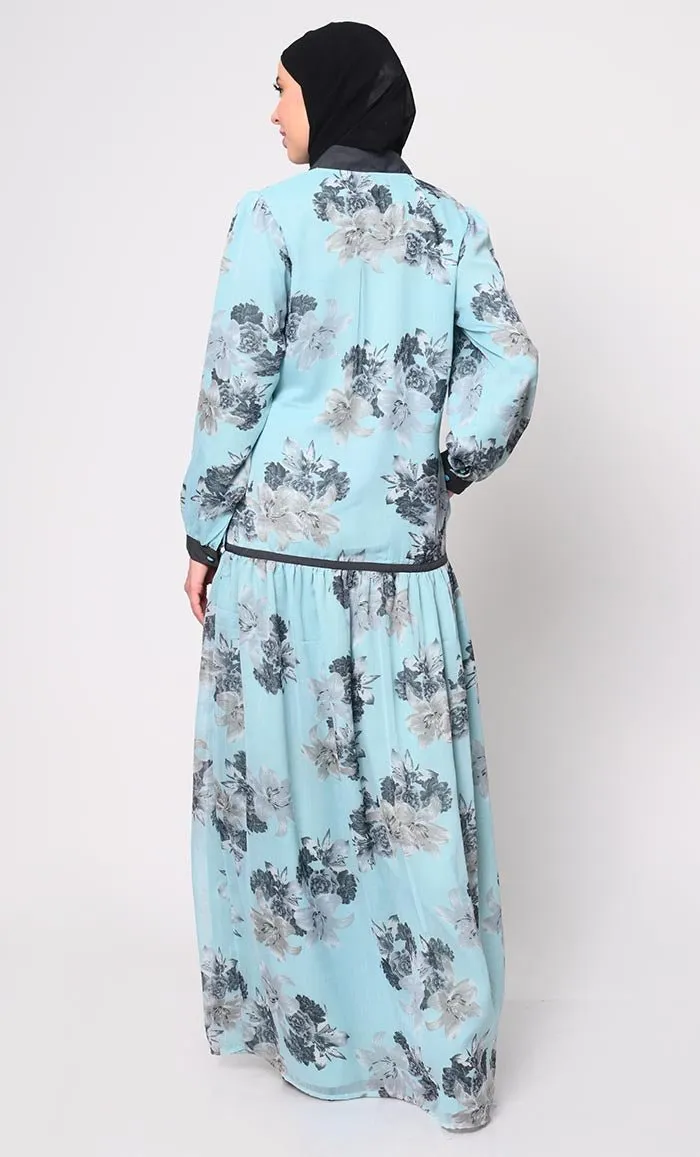 Elegant Blue Chiffon Printed Abaya with Bishop Sleeves and Pockets