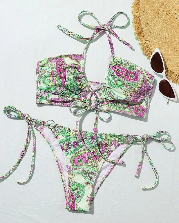 Floral Print Strappy Tanks With Stappy Panties Bikini Sets