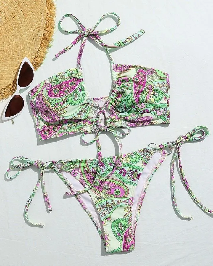 Floral Print Strappy Tanks With Stappy Panties Bikini Sets