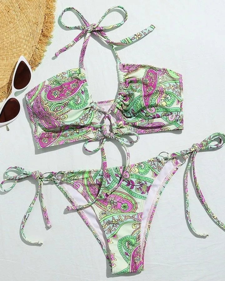 Floral Print Strappy Tanks With Stappy Panties Bikini Sets