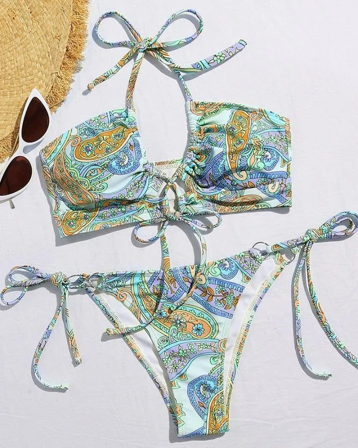 Floral Print Strappy Tanks With Stappy Panties Bikini Sets