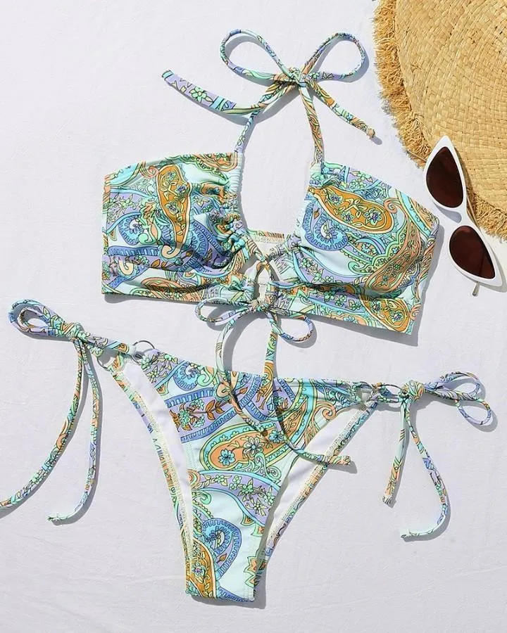 Floral Print Strappy Tanks With Stappy Panties Bikini Sets
