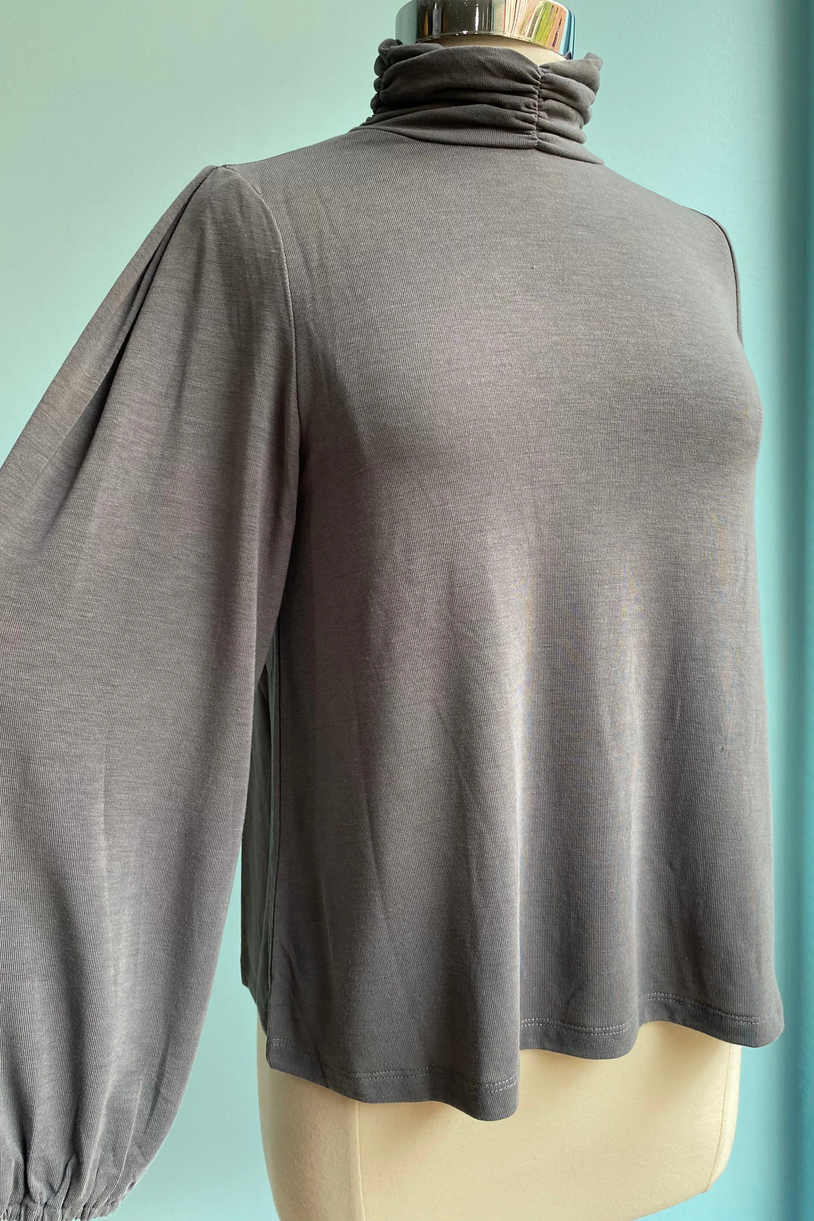 Grey Balloon Sleeve Turtleneck Top by Compania Fantastica