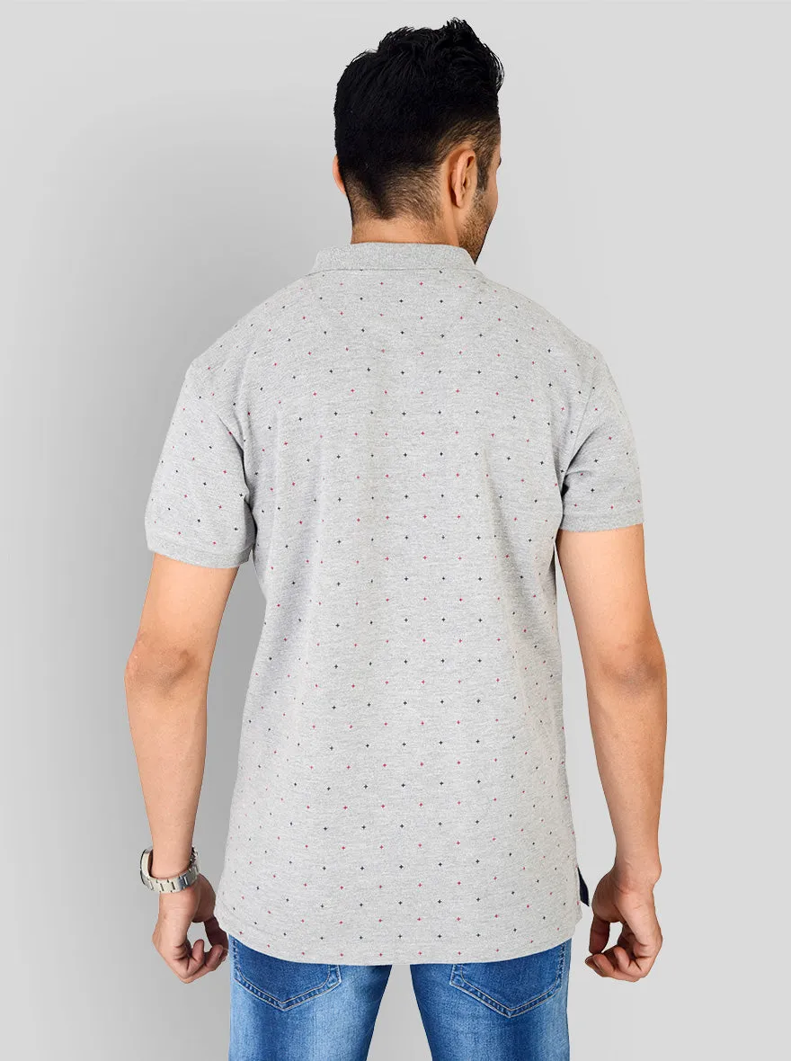 Grey Melange Printed Slim Fit Polo T-shirt | Greenfibre