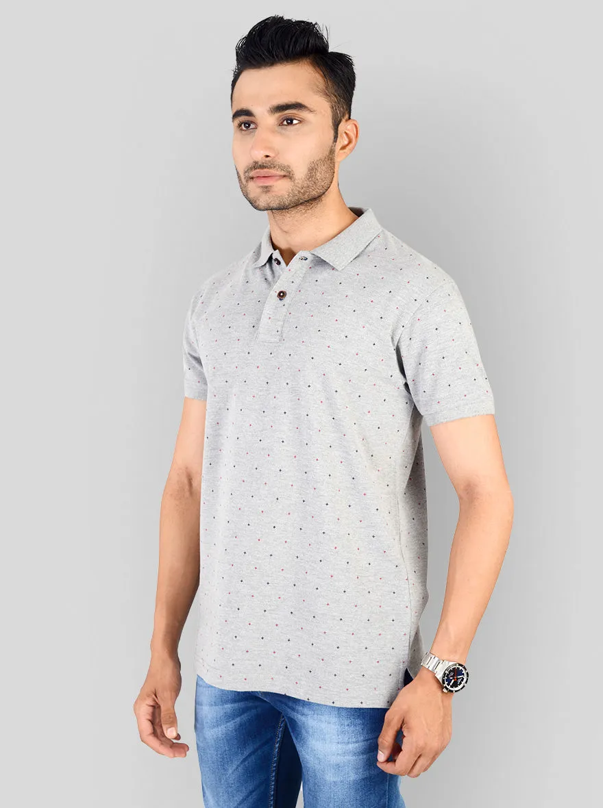 Grey Melange Printed Slim Fit Polo T-shirt | Greenfibre