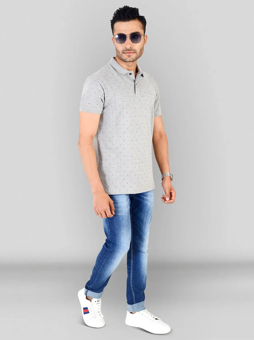 Grey Melange Printed Slim Fit Polo T-shirt | Greenfibre