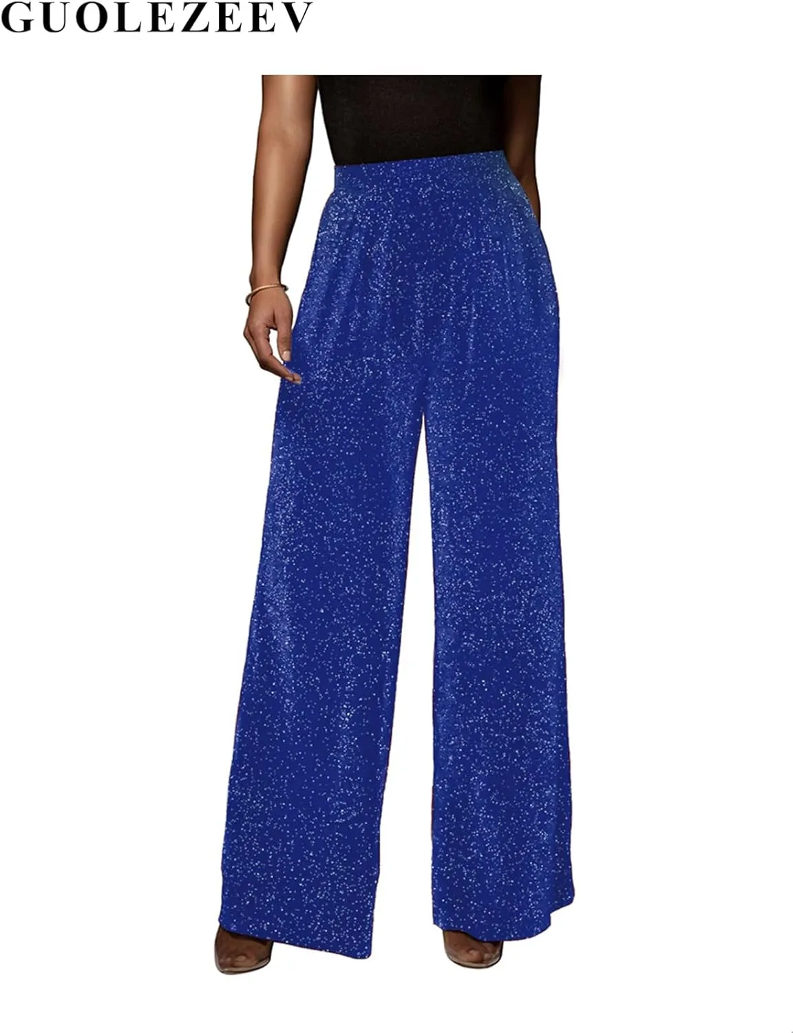 GUOLEZEEV Women High Elastic Waist Wide Leg Palazzo Pants Casual Loose Long Pant Trouser