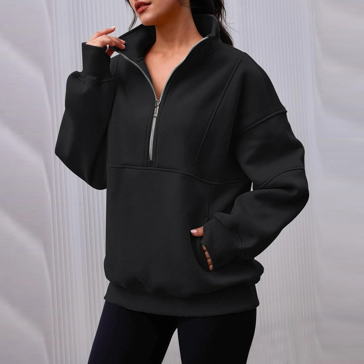 Half Zip Pullover Women Oversized Crewneck Sweatshirts with Pockets Loose Fit Thumb Hole Long Sleeve Sweaters