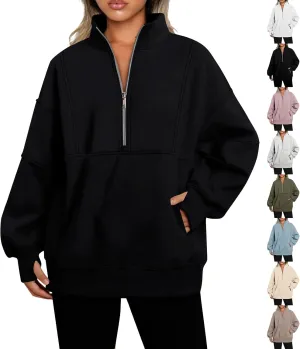 Half Zip Pullover Women Oversized Crewneck Sweatshirts with Pockets Loose Fit Thumb Hole Long Sleeve Sweaters