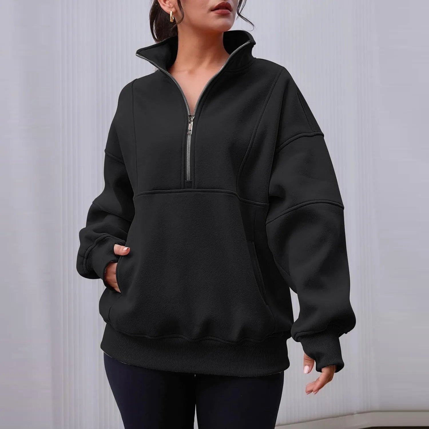 Half Zip Pullover Women Oversized Crewneck Sweatshirts with Pockets Loose Fit Thumb Hole Long Sleeve Sweaters