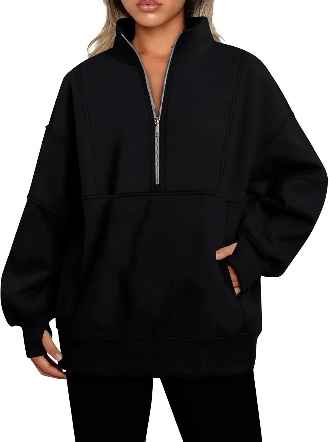 Half Zip Pullover Women Oversized Crewneck Sweatshirts with Pockets Loose Fit Thumb Hole Long Sleeve Sweaters
