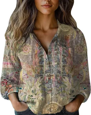 Linen Shirts for Women Fashion Down Shirts Casual Tops Long Sleeve Blouse Collared V Neck