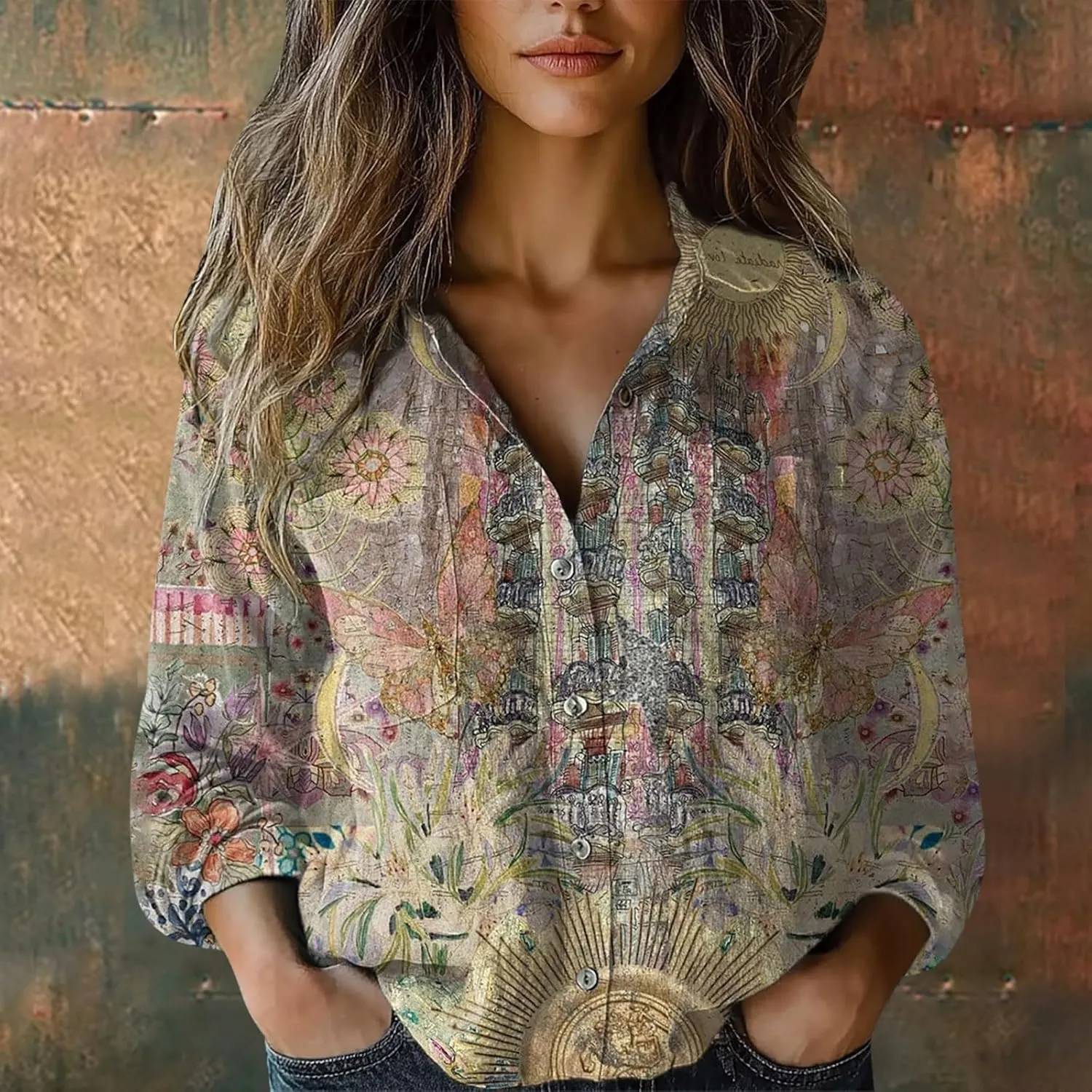 Linen Shirts for Women Fashion Down Shirts Casual Tops Long Sleeve Blouse Collared V Neck