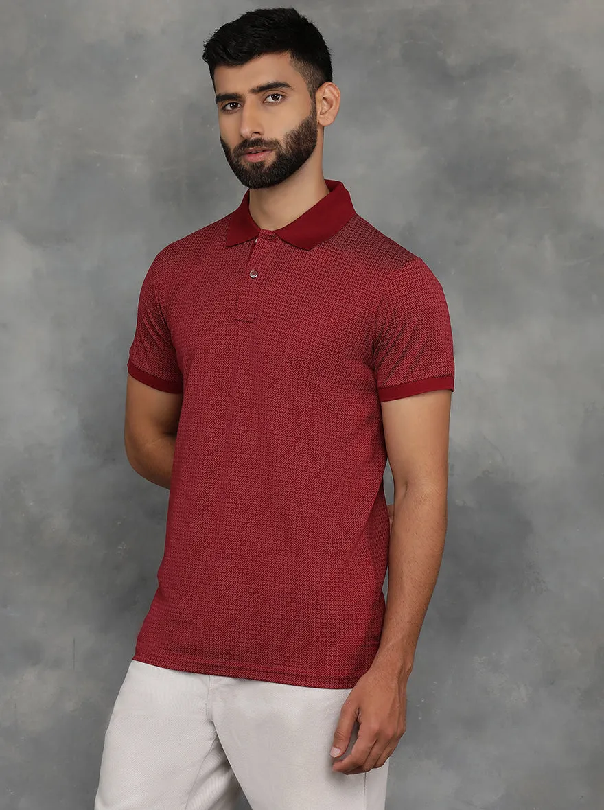 Maroon Printed Regular Fit Polo T-Shirt | JadeBlue