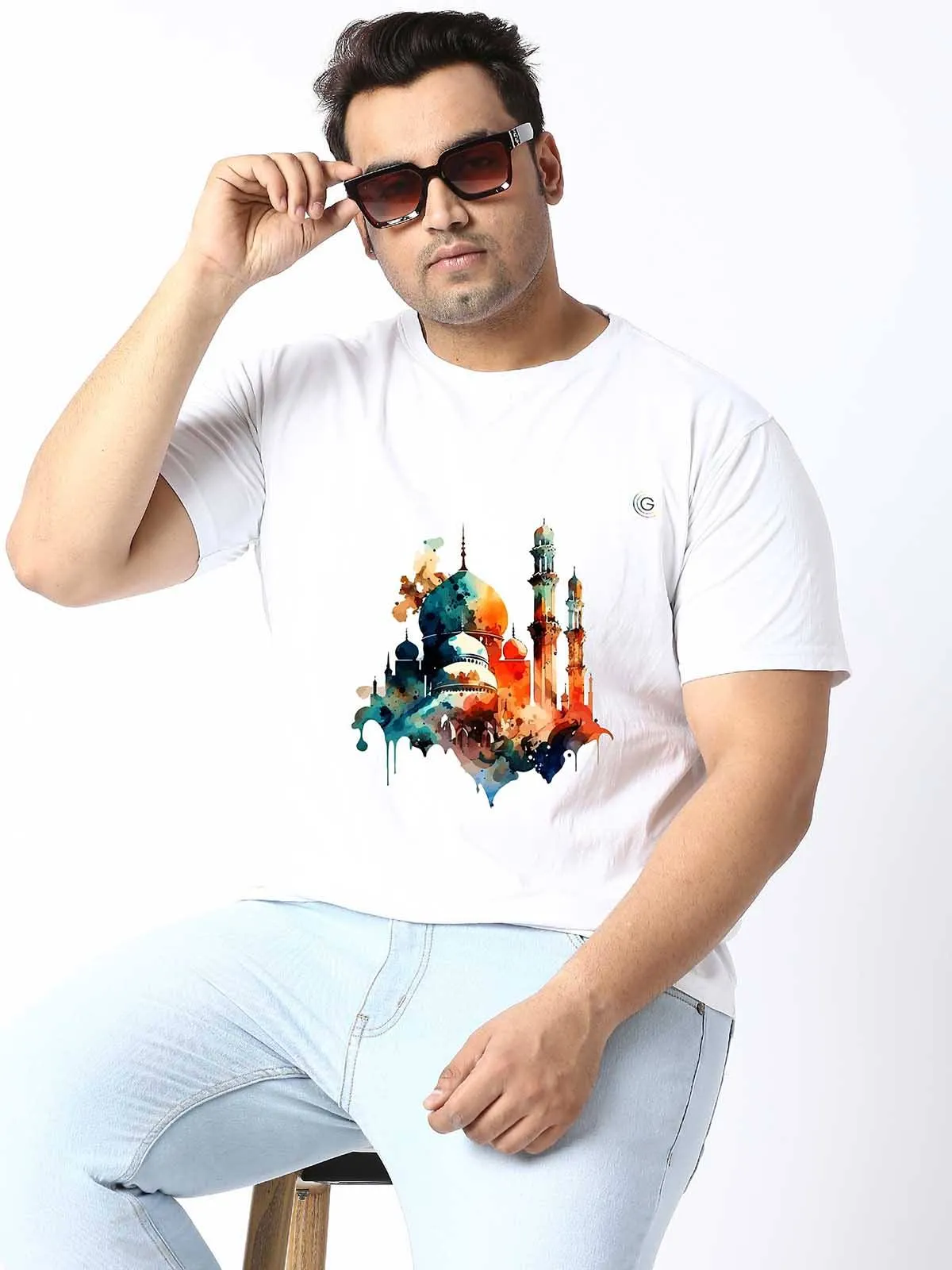 Men Plus Size White Mosque Printed Round Neck T-Shirt