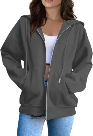 Oversized Hoodies for Women Cute Solid Color Drawstring Fashion Hoodies Loose Fit Zip Up Sweatshirt with Pocket