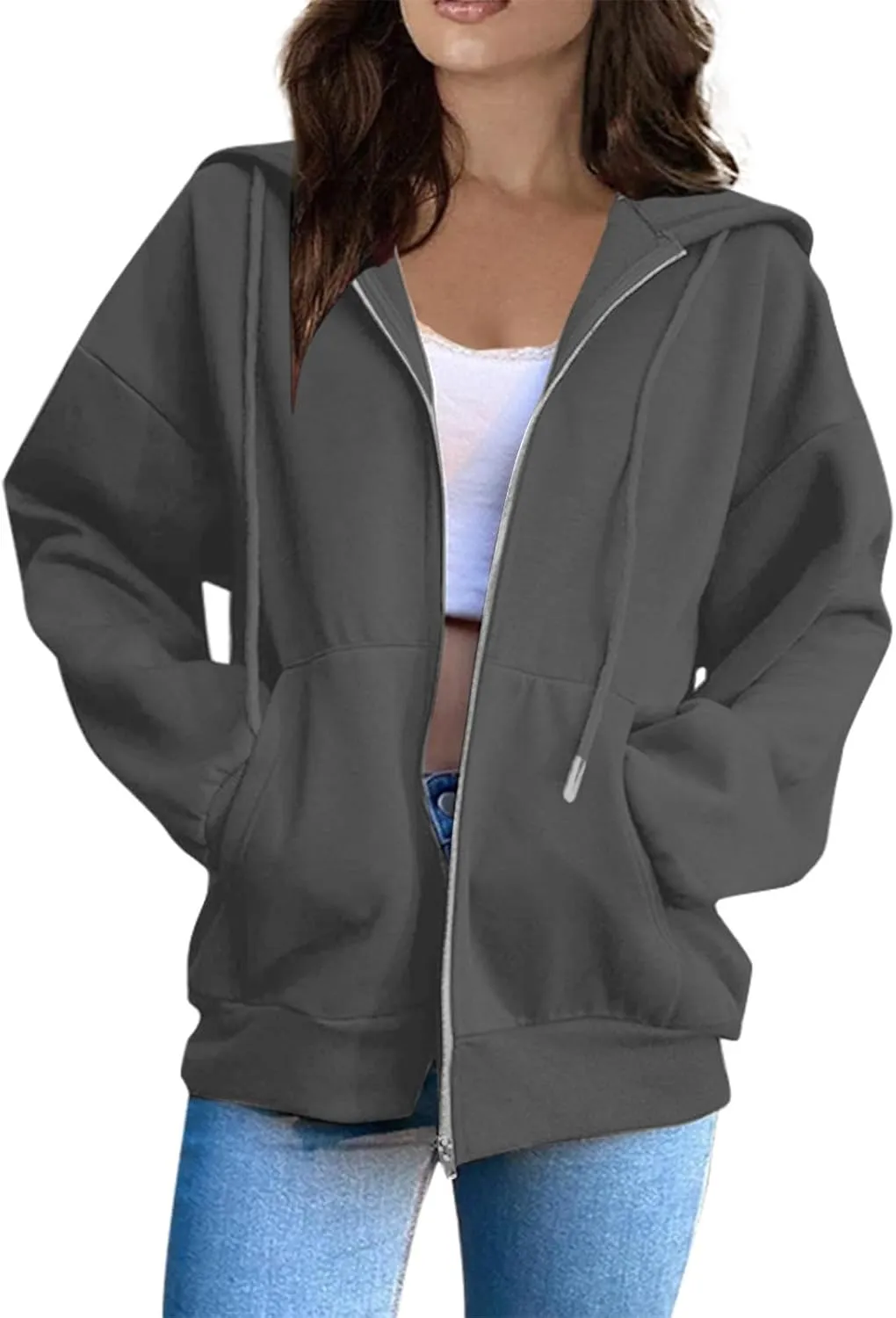 Oversized Hoodies for Women Cute Solid Color Drawstring Fashion Hoodies Loose Fit Zip Up Sweatshirt with Pocket