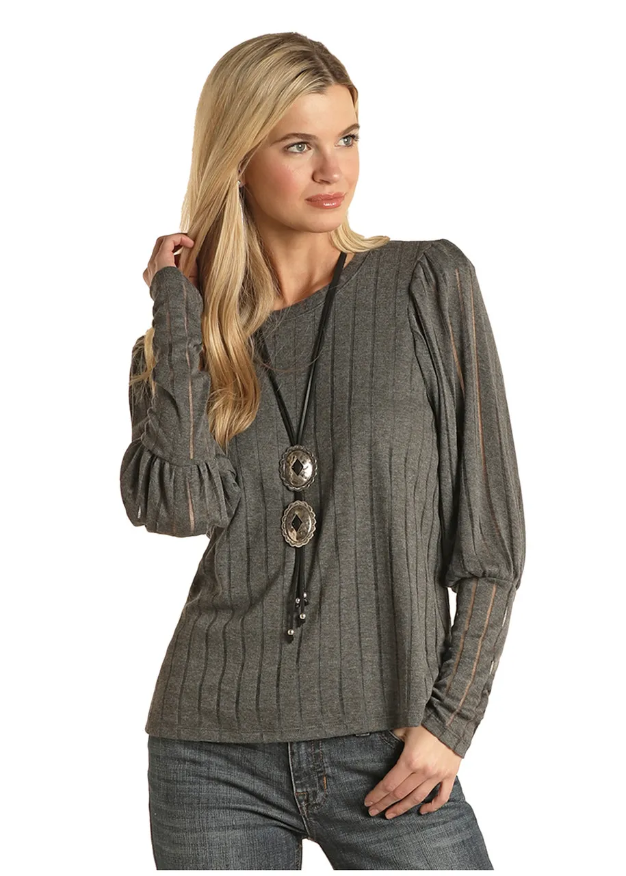 Cozy Womens Grey Stripe Knit Puff Sleeve Top by Panhandle Slim - Stylish and Comfortable Fashion for Every Occasion