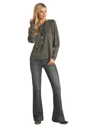Cozy Womens Grey Stripe Knit Puff Sleeve Top by Panhandle Slim - Stylish and Comfortable Fashion for Every Occasion