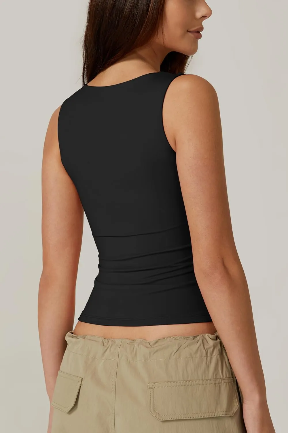 QINSEN Women's Square Neck Sleeveless Double-Layer Tank Tops Basic Tight T Shirts Black L